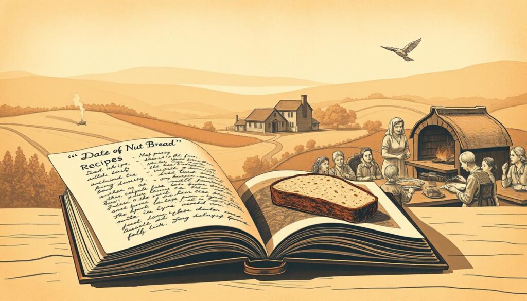 A sepia-toned illustration depicting the historical journey of date nut bread. In the foreground, a vintage recipe book with aged pages flips open, showcasing a hand-written recipe for this classic quick bread. In the middle ground, a warm-hued montage unfolds - steaming loaves emerging from a wood-fired oven, women kneading dough in a country kitchen, and families gathered around the table enjoying slices. The background features a hazy, nostalgic landscape of farmhouses, orchards, and rolling hills, evoking the timeless, homespun heritage of this beloved treat. Warm lighting and a soft, antique finish lend an air of timeless charm to this visual chronicle of date nut bread's enduring legacy. A sepia-toned illustration depicting the historical journey of date nut bread. In the foreground, a vintage recipe book with aged pages flips open, showcasing a hand-written recipe for this classic quick bread. In the middle ground, a warm-hued montage unfolds - steaming loaves emerging from a wood-fired oven, women kneading dough in a country kitchen, and families gathered around the table enjoying slices. The background features a hazy, nostalgic landscape of farmhouses, orchards, and rolling hills, evoking the timeless, homespun heritage of this beloved treat. Warm lighting and a soft, antique finish lend an air of timeless charm to this visual chronicle of date nut bread's enduring legacy.