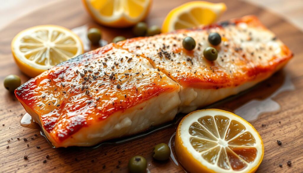 A sizzling pan-seared swordfish fillet, glistening with a golden-brown crust, rests atop a wood-grain surface. Flecks of freshly cracked black pepper dot the fish, contrasting with the vibrant green of capers and the bright yellow of lemon wedges artfully arranged around the plate. Soft, natural lighting casts a warm glow, highlighting the fish's firm, flaky texture. The composition emphasizes the simplicity and elegance of this protein-packed seafood dish, inviting the viewer to imagine its savory, umami-rich flavors. A sizzling pan-seared swordfish fillet, glistening with a golden-brown crust, rests atop a wood-grain surface. Flecks of freshly cracked black pepper dot the fish, contrasting with the vibrant green of capers and the bright yellow of lemon wedges artfully arranged around the plate. Soft, natural lighting casts a warm glow, highlighting the fish's firm, flaky texture. The composition emphasizes the simplicity and elegance of this protein-packed seafood dish, inviting the viewer to imagine its savory, umami-rich flavors.