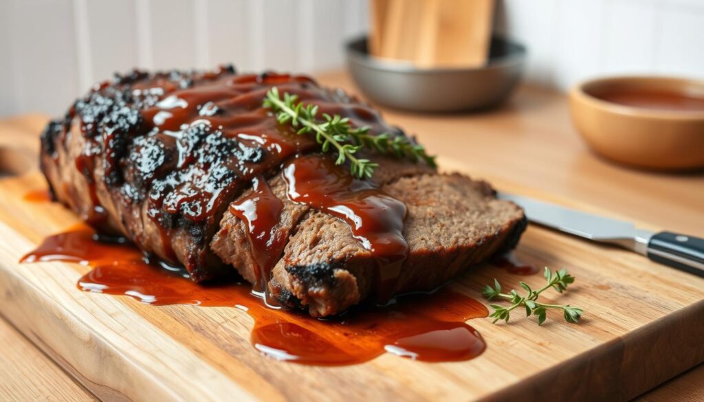 A slow-simmered, fork-tender beef brisket resting on a rustic wooden cutting board, garnished with fresh thyme sprigs and a drizzle of rich, glossy sauce. The brisket's deep brown crust glistens under the warm, diffused lighting, inviting the viewer to imagine the mouthwatering flavors and tender texture. In the background, a simple, minimalist kitchen setting with neutral tones sets the stage, allowing the star of the dish to take center stage. The overall scene conveys a sense of comfort, homemade goodness, and the effortless elegance of a slow-cooked, crowd-pleasing main course.