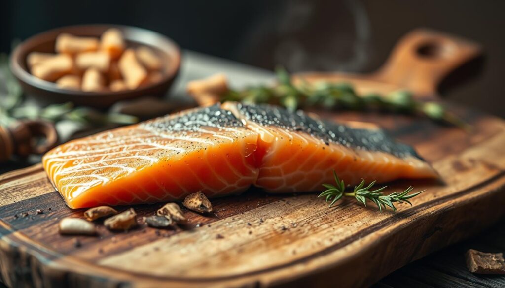 A smoking salmon fillet rests atop a rustic wooden plank, surrounded by aromatic wood chips and fragrant herbs. Soft, warm lighting illuminates the glistening skin, highlighting the delicate texture and rich orange hue. The scene is set against a blurred background, evoking a sense of focus and attention to the preparation process. The overall composition conveys a sense of craftsmanship, inviting the viewer to appreciate the art of smoking salmon and the bold, balanced flavors it promises. A smoking salmon fillet rests atop a rustic wooden plank, surrounded by aromatic wood chips and fragrant herbs. Soft, warm lighting illuminates the glistening skin, highlighting the delicate texture and rich orange hue. The scene is set against a blurred background, evoking a sense of focus and attention to the preparation process. The overall composition conveys a sense of craftsmanship, inviting the viewer to appreciate the art of smoking salmon and the bold, balanced flavors it promises.