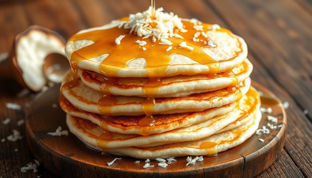 A stack of light and fluffy coconut flour pancakes, drizzled with a golden maple syrup glaze, and sprinkled with shredded coconut flakes. The pancakes are steaming hot, resting on a rustic wooden surface, illuminated by soft, natural lighting from the side. The scene evokes a cozy, inviting atmosphere, highlighting the delicate texture and rich, nutty flavor of the coconut flour. The camera angle is slightly elevated, capturing the pancakes in an appetizing, mouth-watering composition. A stack of light and fluffy coconut flour pancakes, drizzled with a golden maple syrup glaze, and sprinkled with shredded coconut flakes. The pancakes are steaming hot, resting on a rustic wooden surface, illuminated by soft, natural lighting from the side. The scene evokes a cozy, inviting atmosphere, highlighting the delicate texture and rich, nutty flavor of the coconut flour. The camera angle is slightly elevated, capturing the pancakes in an appetizing, mouth-watering composition.