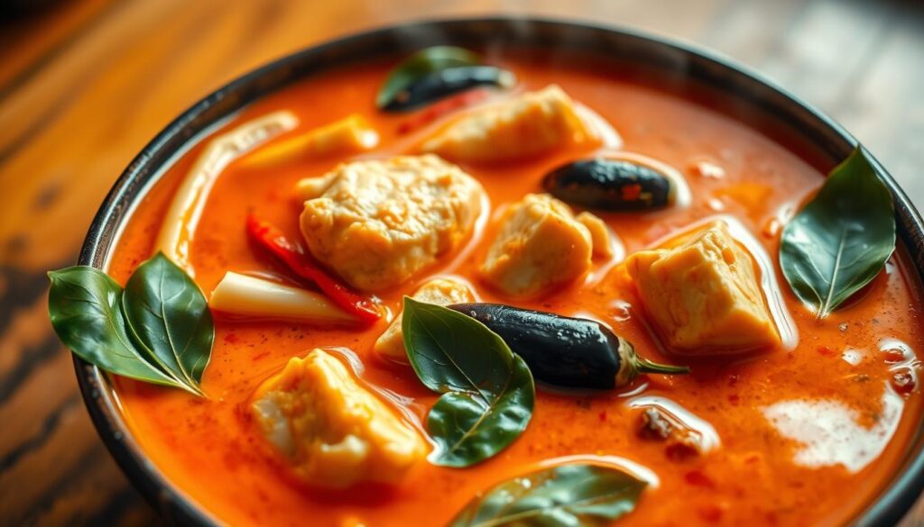 A steaming bowl of authentic Thai red curry, bathed in a vibrant, aromatic sauce. The rich, creamy coconut milk base is infused with fragrant lemongrass, galangal, and kaffir lime leaves, complemented by the warm, earthy flavors of red chili peppers. Tender chunks of chicken breast, simmered to perfection, float amidst a medley of fresh vegetables, such as bamboo shoots, eggplant, and Thai basil. The scene is captured in a warm, inviting lighting, with a slight vignette effect to draw the eye towards the center of the frame. The overall composition exudes the comforting and complex flavors of this beloved Thai dish. A steaming bowl of authentic Thai red curry, bathed in a vibrant, aromatic sauce. The rich, creamy coconut milk base is infused with fragrant lemongrass, galangal, and kaffir lime leaves, complemented by the warm, earthy flavors of red chili peppers. Tender chunks of chicken breast, simmered to perfection, float amidst a medley of fresh vegetables, such as bamboo shoots, eggplant, and Thai basil. The scene is captured in a warm, inviting lighting, with a slight vignette effect to draw the eye towards the center of the frame. The overall composition exudes the comforting and complex flavors of this beloved Thai dish.