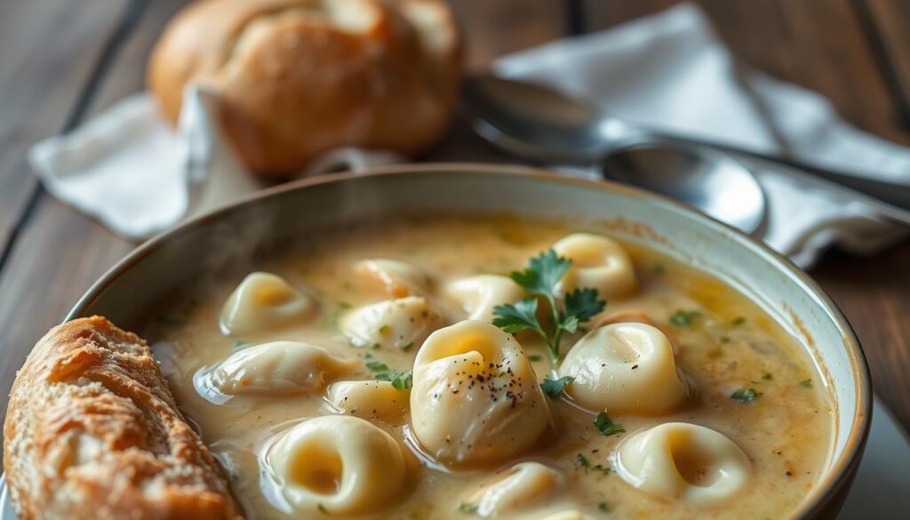 A steaming bowl of creamy chicken tortellini soup, set against a rustic wooden table. The foreground features plump, cheese-filled tortellini floating in a rich, aromatic broth, garnished with fresh parsley and cracked black pepper. The middle ground showcases a crusty bread roll, its golden crust glistening in the soft, natural lighting. In the background, a simple white linen napkin and metal spoon add a touch of elegance to the scene. The overall mood is cozy, comforting, and inviting, evoking the warmth and nourishment of a homemade meal.