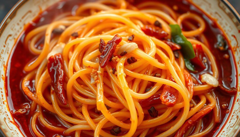 A steaming bowl of fresh, hand-pulled noodles, coated in a glistening, crimson garlic chili oil sauce. The noodles are tossed with thinly sliced garlic, dried chili flakes, and a hint of sesame oil, creating a perfect balance of savory, spicy, and nutty flavors. The noodles are captured in a close-up shot, with the vibrant colors and textures of the dish taking center stage. The lighting is warm and inviting, casting a soft glow on the noodles, emphasizing their tender, springy texture. The image is shot from a high angle, giving a clear view of the dish's layered components and the overall dish composition. A steaming bowl of fresh, hand-pulled noodles, coated in a glistening, crimson garlic chili oil sauce. The noodles are tossed with thinly sliced garlic, dried chili flakes, and a hint of sesame oil, creating a perfect balance of savory, spicy, and nutty flavors. The noodles are captured in a close-up shot, with the vibrant colors and textures of the dish taking center stage. The lighting is warm and inviting, casting a soft glow on the noodles, emphasizing their tender, springy texture. The image is shot from a high angle, giving a clear view of the dish's layered components and the overall dish composition.