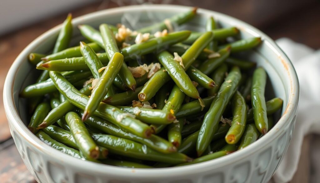 A steaming bowl of freshly cooked canned green beans, glistening with a light drizzle of olive oil and seasoned to perfection with a blend of garlic, onion, and a hint of lemon zest. The green beans are perfectly tender, retaining a crisp, vibrant hue that captures the essence of garden-fresh produce. The image is shot in natural lighting, with a shallow depth of field that puts the star of the dish in sharp focus, while the background softly fades into a muted, cozy setting, like a rustic kitchen counter or a wooden table. The overall mood is one of simple, wholesome comfort, inviting the viewer to savor the satisfying and easy-to-prepare canned green bean recipe. A steaming bowl of freshly cooked canned green beans, glistening with a light drizzle of olive oil and seasoned to perfection with a blend of garlic, onion, and a hint of lemon zest. The green beans are perfectly tender, retaining a crisp, vibrant hue that captures the essence of garden-fresh produce. The image is shot in natural lighting, with a shallow depth of field that puts the star of the dish in sharp focus, while the background softly fades into a muted, cozy setting, like a rustic kitchen counter or a wooden table. The overall mood is one of simple, wholesome comfort, inviting the viewer to savor the satisfying and easy-to-prepare canned green bean recipe.