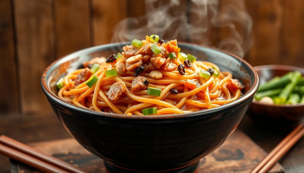 A steaming bowl of hand-pulled dan dan noodles, the broad, chewy strands glistening with a rich, chili-infused sauce. Crisp, julienned green onions and aromatic Sichuan peppercorns add fragrant notes, while slivers of tender pork and crunchy peanuts provide texture. The noodles are set against a rustic, wooden backdrop, with a soft, warm light illuminating the vibrant colors and layered flavors. The overall scene evokes the comforting, mouthwatering essence of this beloved Sichuan street food. A steaming bowl of hand-pulled dan dan noodles, the broad, chewy strands glistening with a rich, chili-infused sauce. Crisp, julienned green onions and aromatic Sichuan peppercorns add fragrant notes, while slivers of tender pork and crunchy peanuts provide texture. The noodles are set against a rustic, wooden backdrop, with a soft, warm light illuminating the vibrant colors and layered flavors. The overall scene evokes the comforting, mouthwatering essence of this beloved Sichuan street food.