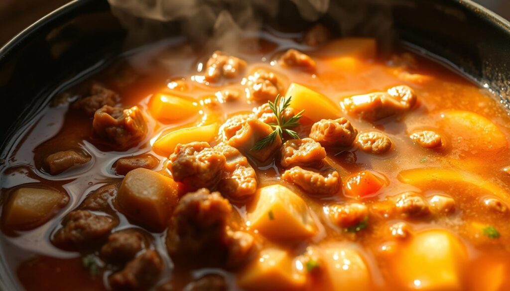 A steaming bowl of savory ground beef soup, simmered to perfection with tender chunks of ground beef, aromatic vegetables, and a rich, flavorful broth. The soup glistens under the warm, natural lighting, casting a cozy, inviting atmosphere. The scene is captured from a slightly elevated angle, showcasing the soup's inviting texture and depth. Herbs and seasonings add subtle pops of color, complementing the earthy tones of the broth. The overall composition evokes a sense of comfort and homemade goodness, perfectly reflecting the essence of a hearty ground beef soup. A steaming bowl of savory ground beef soup, simmered to perfection with tender chunks of ground beef, aromatic vegetables, and a rich, flavorful broth. The soup glistens under the warm, natural lighting, casting a cozy, inviting atmosphere. The scene is captured from a slightly elevated angle, showcasing the soup's inviting texture and depth. Herbs and seasonings add subtle pops of color, complementing the earthy tones of the broth. The overall composition evokes a sense of comfort and homemade goodness, perfectly reflecting the essence of a hearty ground beef soup.