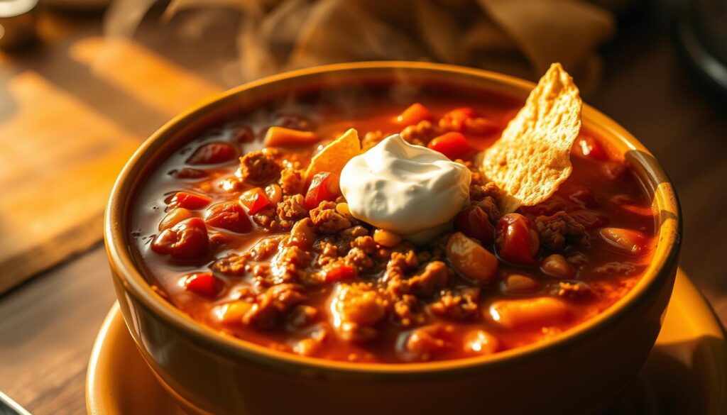 A steaming bowl of taco soup, its surface glistening with a rich, chili-infused broth. Ground beef, diced tomatoes, and a medley of aromatic spices create a vibrant, earthy flavor. Crisp tortilla chips and a dollop of cool sour cream adorn the top, inviting you to dive in. The scene is bathed in warm, golden light, casting subtle shadows that lend depth and texture to the ingredients. The overall mood is comforting and homey, as if this soup has been simmering on the stove all afternoon, filling the kitchen with its enticing aroma. A steaming bowl of taco soup, its surface glistening with a rich, chili-infused broth. Ground beef, diced tomatoes, and a medley of aromatic spices create a vibrant, earthy flavor. Crisp tortilla chips and a dollop of cool sour cream adorn the top, inviting you to dive in. The scene is bathed in warm, golden light, casting subtle shadows that lend depth and texture to the ingredients. The overall mood is comforting and homey, as if this soup has been simmering on the stove all afternoon, filling the kitchen with its enticing aroma.
