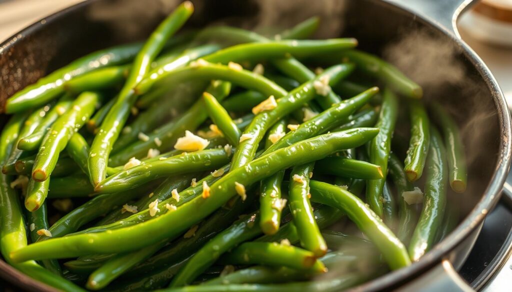 A steaming close-up of crisp, vibrant green beans sizzling in a cast-iron pan. The beans are coated in a glistening layer of butter, infused with the fragrant aroma of minced garlic. Gentle rays of warm, natural light dance across the sautéed vegetables, creating a soft, inviting atmosphere. The pan is positioned at a slight angle, providing a dynamic and appetizing perspective. The scene exudes a sense of homemade comfort and culinary delight, perfectly capturing the essence of sautéed green beans. A steaming close-up of crisp, vibrant green beans sizzling in a cast-iron pan. The beans are coated in a glistening layer of butter, infused with the fragrant aroma of minced garlic. Gentle rays of warm, natural light dance across the sautéed vegetables, creating a soft, inviting atmosphere. The pan is positioned at a slight angle, providing a dynamic and appetizing perspective. The scene exudes a sense of homemade comfort and culinary delight, perfectly capturing the essence of sautéed green beans.
