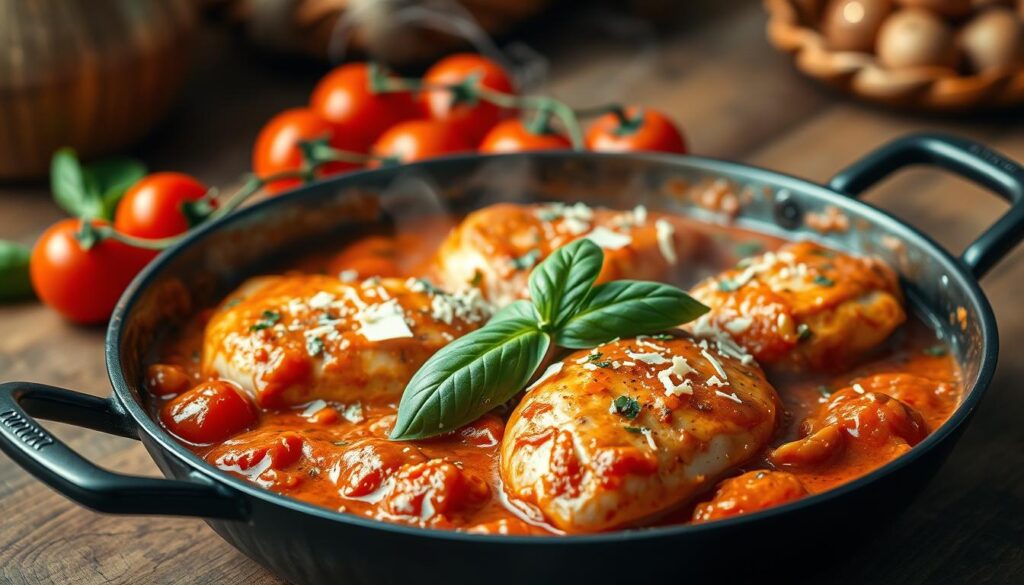 A steaming, creamy tomato chicken skillet, nestled on a rustic wooden table. In the foreground, tender chicken breasts simmered in a rich, velvety tomato sauce, garnished with fresh basil leaves and shredded Parmesan. The middle ground features vibrant cherry tomatoes, their juices mingling with the sauce, creating a tempting, tantalizing aroma. In the background, a warm, soft light illuminates the scene, casting a cozy, inviting glow, hinting at the comforting, homemade flavors within. The composition is balanced, the lighting natural, and the overall mood evokes a sense of heartwarming, homemade goodness.