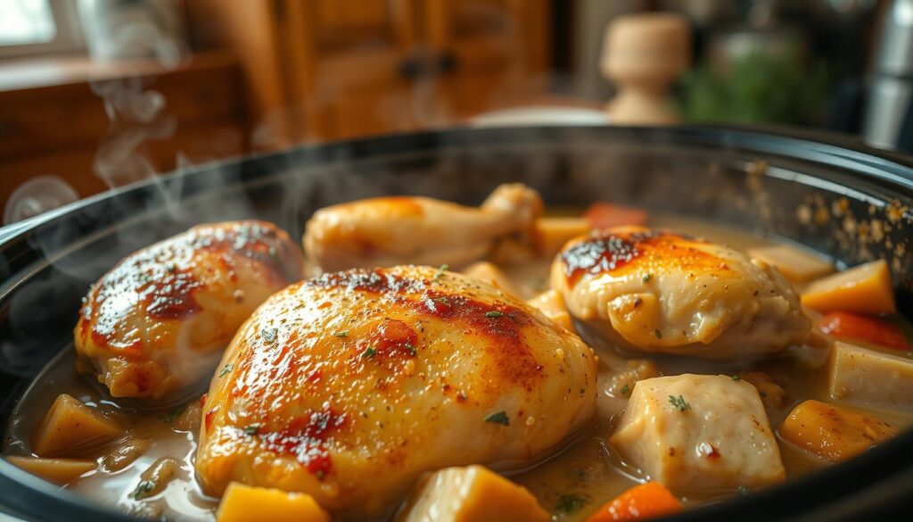 A steaming crock pot full of tender, juicy chicken breasts, surrounded by a fragrant blend of aromatic vegetables and savory herbs. The chicken glistens under the soft, diffused lighting, its golden-brown skin caramelized to perfection. In the background, a blurred, cozy kitchen scene sets the stage, with rustic wooden cabinets and a warm, inviting atmosphere. The camera angle is slightly elevated, capturing the dish in an appetizing, three-quarter view, showcasing the rich, creamy sauce and the hearty chunks of chicken. The overall mood is one of comfort, nourishment, and the welcoming aroma of a home-cooked meal.