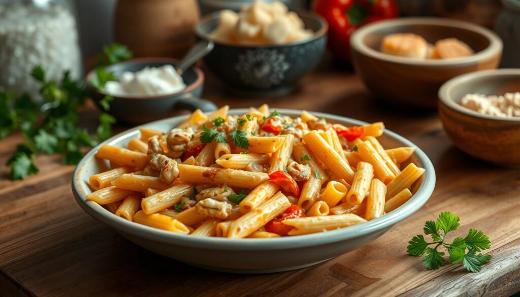 A steaming plate of creamy, Cajun-seasoned chicken pasta with penne noodles, bell peppers, and onions. The dish is arranged on a rustic wooden table, garnished with fresh parsley. Soft, natural lighting illuminates the scene, casting a warm, inviting glow. The pasta is served in a shallow bowl, with the creamy, spice-infused sauce glistening. Surrounded by simple kitchen accoutrements, the image conveys a sense of homemade comfort and ease. The overall atmosphere is one of approachable, satisfying nourishment. A steaming plate of creamy, Cajun-seasoned chicken pasta with penne noodles, bell peppers, and onions. The dish is arranged on a rustic wooden table, garnished with fresh parsley. Soft, natural lighting illuminates the scene, casting a warm, inviting glow. The pasta is served in a shallow bowl, with the creamy, spice-infused sauce glistening. Surrounded by simple kitchen accoutrements, the image conveys a sense of homemade comfort and ease. The overall atmosphere is one of approachable, satisfying nourishment.