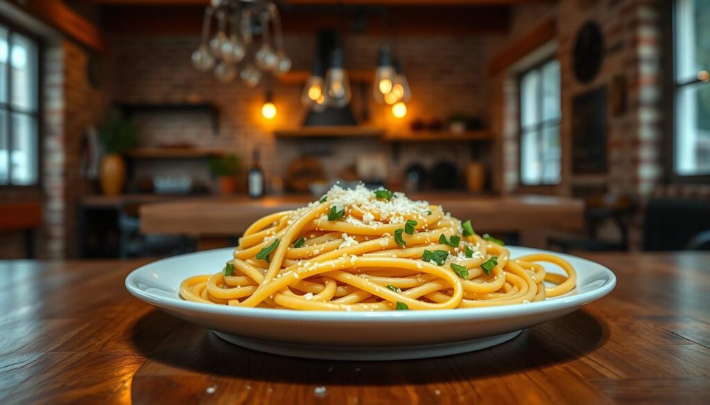 A steaming plate of freshly cooked garlic butter noodles, the pasta twirled and glistening with a rich, creamy sauce. In the foreground, grated parmesan cheese and chopped parsley are sprinkled over the noodles, adding a pop of color and texture. The middle ground features a wooden table, the noodles resting on a white ceramic plate against a backdrop of a rustic kitchen, with exposed brick walls and warm, golden lighting emanating from a softly lit chandelier overhead. The atmosphere is cozy and inviting, enticing the viewer to dive into the savory, comforting dish. A steaming plate of freshly cooked garlic butter noodles, the pasta twirled and glistening with a rich, creamy sauce. In the foreground, grated parmesan cheese and chopped parsley are sprinkled over the noodles, adding a pop of color and texture. The middle ground features a wooden table, the noodles resting on a white ceramic plate against a backdrop of a rustic kitchen, with exposed brick walls and warm, golden lighting emanating from a softly lit chandelier overhead. The atmosphere is cozy and inviting, enticing the viewer to dive into the savory, comforting dish.