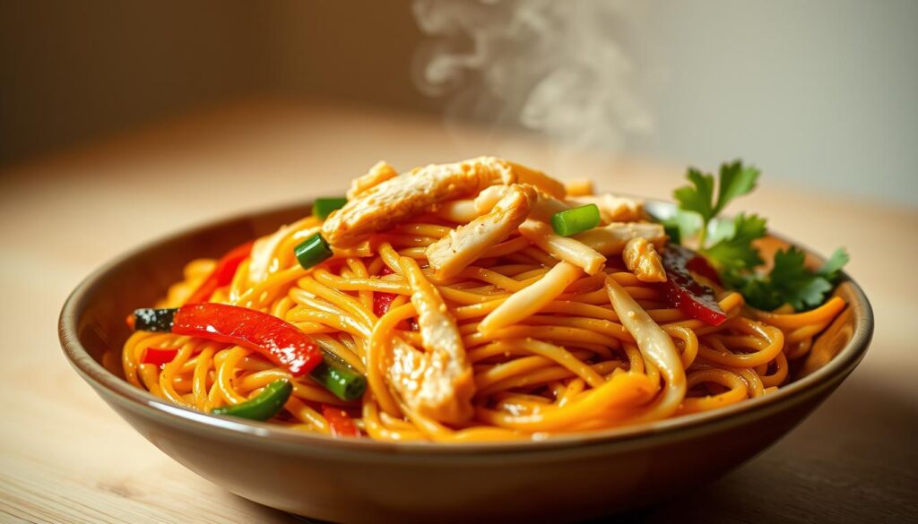 A steaming plate of lo mein noodles takes center stage, nestled in a warm, inviting light. The vibrant, glistening noodles are entwined with slivers of tender chicken, crisp vegetables, and a savory, umami-rich sauce. The composition is framed by a clean, minimalist background, allowing the delectable dish to shine. Captured with a wide-angle lens, the image showcases the enticing textures and depth of the lo mein, conveying the comforting and authentic flavors of Asian cuisine. The overall mood is one of simple elegance and mouthwatering appeal, perfectly capturing the essence of this classic dish. A steaming plate of lo mein noodles takes center stage, nestled in a warm, inviting light. The vibrant, glistening noodles are entwined with slivers of tender chicken, crisp vegetables, and a savory, umami-rich sauce. The composition is framed by a clean, minimalist background, allowing the delectable dish to shine. Captured with a wide-angle lens, the image showcases the enticing textures and depth of the lo mein, conveying the comforting and authentic flavors of Asian cuisine. The overall mood is one of simple elegance and mouthwatering appeal, perfectly capturing the essence of this classic dish.