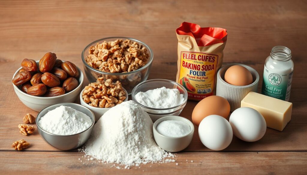 A still life arrangement showcasing the ingredients for a classic date nut bread: plump, golden-brown dates, chopped walnuts, all-purpose flour, baking soda, salt, granulated sugar, eggs, and butter. The items are placed on a rustic wooden surface, illuminated by warm, diffused lighting that casts gentle shadows. The composition is balanced and visually appealing, with the ingredients neatly organized to convey a sense of rustic, homemade charm. The overall mood is one of comforting familiarity, inviting the viewer to imagine the delicious aroma and texture of the freshly baked bread. A still life arrangement showcasing the ingredients for a classic date nut bread: plump, golden-brown dates, chopped walnuts, all-purpose flour, baking soda, salt, granulated sugar, eggs, and butter. The items are placed on a rustic wooden surface, illuminated by warm, diffused lighting that casts gentle shadows. The composition is balanced and visually appealing, with the ingredients neatly organized to convey a sense of rustic, homemade charm. The overall mood is one of comforting familiarity, inviting the viewer to imagine the delicious aroma and texture of the freshly baked bread.