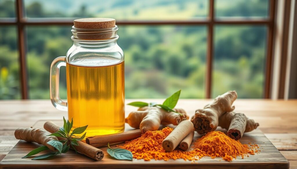 A still life image of natural ingredients used in a homemade Mounjaro remedy. In the foreground, an assortment of herbs and spices including turmeric, ginger, cinnamon, and green tea leaves, neatly arranged on a wooden cutting board. In the middle ground, a glass jar filled with a golden elixir, possibly a herbal tincture or infusion. In the background, a scenic view through a window showcasing a lush, verdant landscape, bathed in warm, diffused natural lighting. The overall composition conveys a sense of health, wellness, and the power of nature-based solutions.