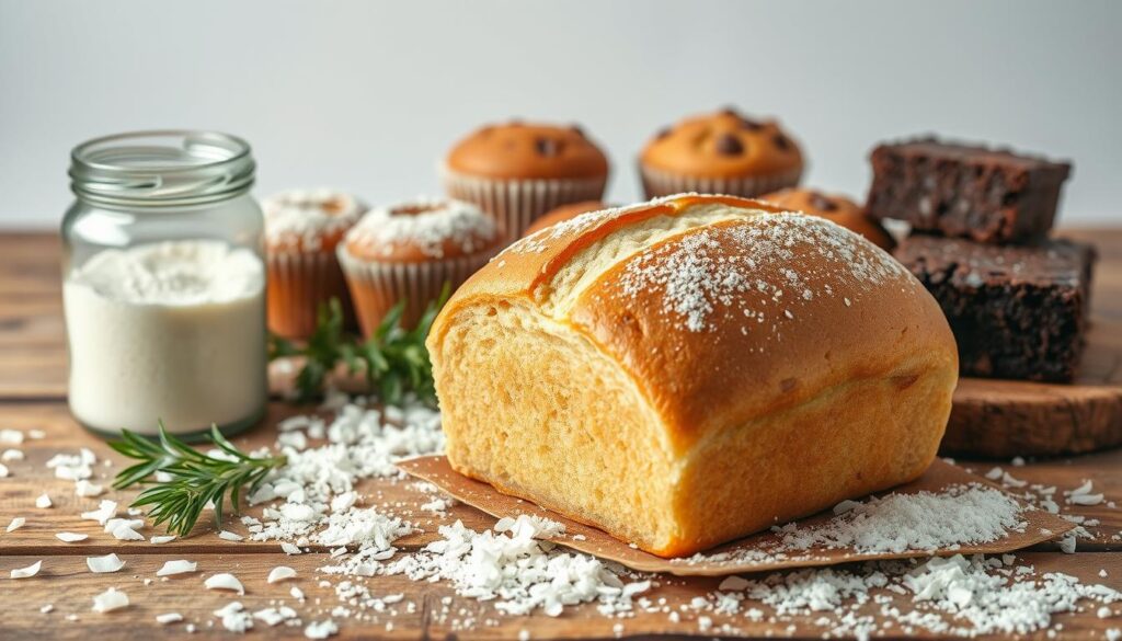 A still life scene showcasing the benefits of coconut flour. In the foreground, a golden brown loaf of coconut flour bread sits atop a rustic wooden surface, its inviting texture and aroma hinting at the flour's richness and versatility. Surrounding the bread are scattered coconut flakes, a sprig of fresh rosemary, and a glass jar filled with the fine, powdery coconut flour. In the middle ground, a variety of baked goods - muffins, cookies, and a fudgy brownie - highlight the flour's ability to create delectable, healthier treats. The background features a soft, diffused light, casting a warm, comforting glow over the scene and emphasizing the natural, wholesome qualities of coconut flour. The overall composition conveys the nourishing benefits and culinary potential of this versatile, gluten-free ingredient. A still life scene showcasing the benefits of coconut flour. In the foreground, a golden brown loaf of coconut flour bread sits atop a rustic wooden surface, its inviting texture and aroma hinting at the flour's richness and versatility. Surrounding the bread are scattered coconut flakes, a sprig of fresh rosemary, and a glass jar filled with the fine, powdery coconut flour. In the middle ground, a variety of baked goods - muffins, cookies, and a fudgy brownie - highlight the flour's ability to create delectable, healthier treats. The background features a soft, diffused light, casting a warm, comforting glow over the scene and emphasizing the natural, wholesome qualities of coconut flour. The overall composition conveys the nourishing benefits and culinary potential of this versatile, gluten-free ingredient.