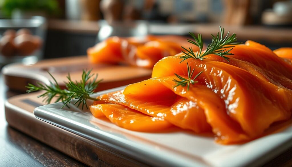 A stunning close-up of sumptuously smoked salmon, its vibrant orange flesh glistening under warm, natural lighting. The foreground features an exquisitely plated dish, the succulent slices arranged artfully and adorned with delicate sprigs of fresh dill. In the middle ground, an elegant wooden serving board contrasts with the soft, creamy textures of the fish. The background suggests an upscale kitchen or dining setting, with hints of polished surfaces and cozy, inviting ambiance. The overall mood is one of elevated culinary sophistication, capturing the rise of smoked salmon as a beloved, gourmet delicacy. A stunning close-up of sumptuously smoked salmon, its vibrant orange flesh glistening under warm, natural lighting. The foreground features an exquisitely plated dish, the succulent slices arranged artfully and adorned with delicate sprigs of fresh dill. In the middle ground, an elegant wooden serving board contrasts with the soft, creamy textures of the fish. The background suggests an upscale kitchen or dining setting, with hints of polished surfaces and cozy, inviting ambiance. The overall mood is one of elevated culinary sophistication, capturing the rise of smoked salmon as a beloved, gourmet delicacy.