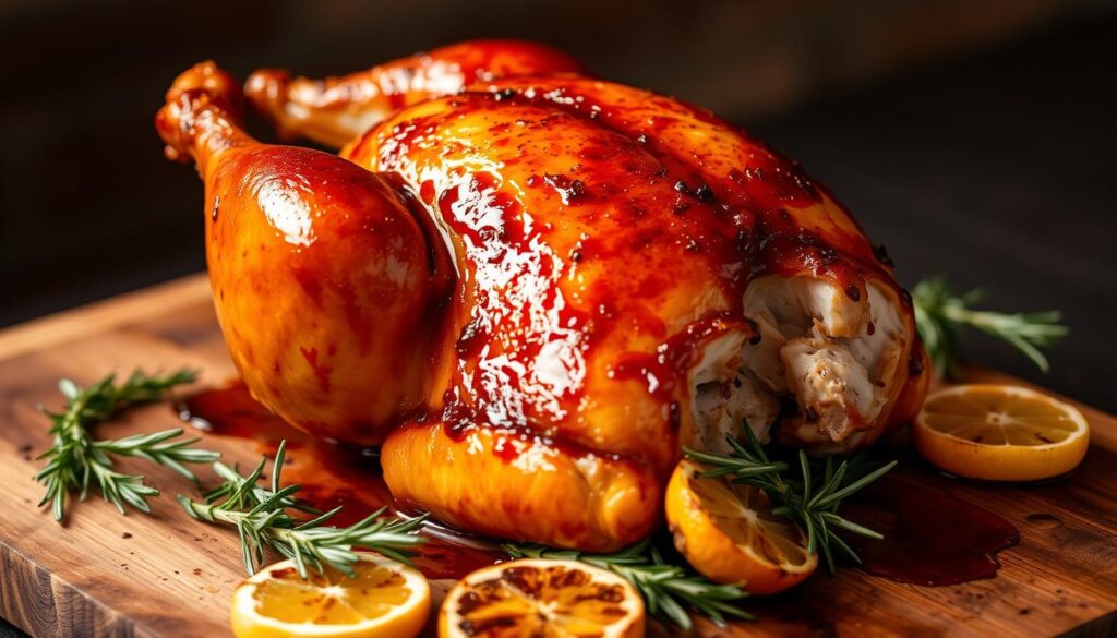 A succulent Traeger-smoked chicken, its golden-brown skin glistening with a rich, caramelized barbecue glaze. The bird sits atop a rustic wooden cutting board, surrounded by fresh rosemary sprigs and a scattering of charred lemon wedges. Warm, indirect lighting casts a cozy glow, highlighting the tender, juicy meat beneath the crisp exterior. The scene evokes the inviting aroma of backyard grilling, with a touch of elegance and chef-crafted presentation. A succulent Traeger-smoked chicken, its golden-brown skin glistening with a rich, caramelized barbecue glaze. The bird sits atop a rustic wooden cutting board, surrounded by fresh rosemary sprigs and a scattering of charred lemon wedges. Warm, indirect lighting casts a cozy glow, highlighting the tender, juicy meat beneath the crisp exterior. The scene evokes the inviting aroma of backyard grilling, with a touch of elegance and chef-crafted presentation.