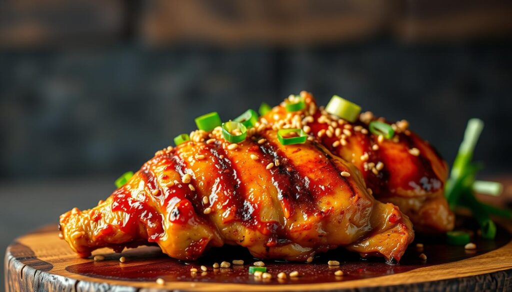 A succulent and juicy Asian-inspired grilled chicken, glistening under warm studio lighting. The golden-brown skin is crisp and charred, while the tender meat is infused with a complex blend of soy, garlic, ginger, and toasted sesame. The chicken is beautifully presented on a rustic wooden board, complemented by fresh scallions, toasted sesame seeds, and a drizzle of vibrant, sticky sauce. The scene is captured with a shallow depth of field, allowing the main subject to stand out against a softly blurred background, evoking a sense of culinary elegance and mouthwatering appeal.