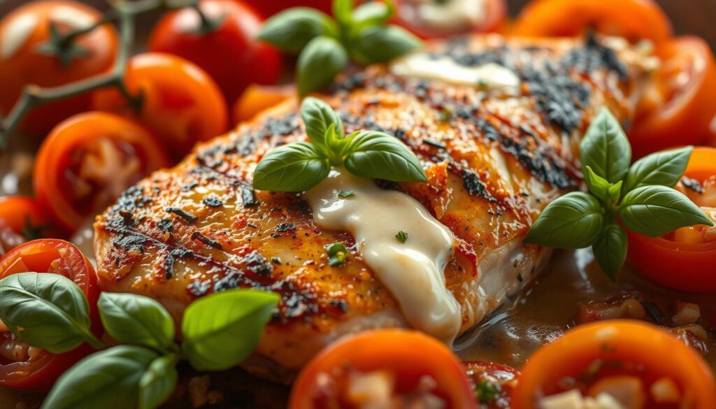 A succulent chicken breast seared to perfection, nestled amidst a vibrant array of ripe tomatoes, fresh basil leaves, and a drizzle of creamy garlic sauce. The scene is bathed in warm, golden lighting, capturing the dish's inviting aroma and rustic elegance. The camera angle is slightly elevated, providing a tantalizing birds-eye view of the carefully arranged components. The overall mood is one of mouthwatering anticipation, inviting the viewer to imagine the flavors and textures of this delectable Tomato Chicken dish. A succulent chicken breast seared to perfection, nestled amidst a vibrant array of ripe tomatoes, fresh basil leaves, and a drizzle of creamy garlic sauce. The scene is bathed in warm, golden lighting, capturing the dish's inviting aroma and rustic elegance. The camera angle is slightly elevated, providing a tantalizing birds-eye view of the carefully arranged components. The overall mood is one of mouthwatering anticipation, inviting the viewer to imagine the flavors and textures of this delectable Tomato Chicken dish.