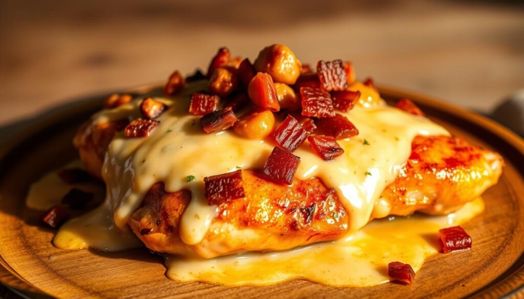 A succulent chicken dish, prepared with a creamy, cheesy sauce and crispy bacon. The chicken is seared to perfection, its golden-brown skin glistening under warm, soft lighting. The sauce, a rich blend of heavy cream, cheddar, and parmesan, hugs the meat tenderly. Crunchy bacon bits are scattered throughout, their smoky aroma mingling with the savory flavors. The dish is plated on a rustic wooden surface, with a subtle background of earthy tones and gentle shadows, creating a cozy, inviting atmosphere. This is "keto crack chicken" - a delectable, low-carb indulgence that will satisfy your cravings. A succulent chicken dish, prepared with a creamy, cheesy sauce and crispy bacon. The chicken is seared to perfection, its golden-brown skin glistening under warm, soft lighting. The sauce, a rich blend of heavy cream, cheddar, and parmesan, hugs the meat tenderly. Crunchy bacon bits are scattered throughout, their smoky aroma mingling with the savory flavors. The dish is plated on a rustic wooden surface, with a subtle background of earthy tones and gentle shadows, creating a cozy, inviting atmosphere. This is "keto crack chicken" - a delectable, low-carb indulgence that will satisfy your cravings.