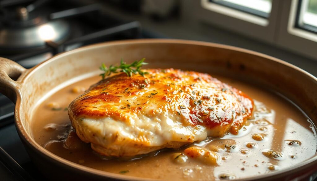 A succulent pan-seared chicken breast, golden-brown and glistening, nestled on a bed of creamy, savory gravy. The stovetop sizzles with the aroma of fresh herbs and caramelized onions, casting a warm, inviting glow across the scene. The chicken is presented in a clean, rustic ceramic dish, the gravy pooling around it, begging to be sopped up with a crusty slice of artisanal bread. Soft, natural lighting filters through a window, casting gentle shadows and highlights that accentuate the dish's textures and depth. The overall mood is one of simple, comforting home-cooked perfection, capturing the essence of the "Chicken and Gravy Stovetop" dish. A succulent pan-seared chicken breast, golden-brown and glistening, nestled on a bed of creamy, savory gravy. The stovetop sizzles with the aroma of fresh herbs and caramelized onions, casting a warm, inviting glow across the scene. The chicken is presented in a clean, rustic ceramic dish, the gravy pooling around it, begging to be sopped up with a crusty slice of artisanal bread. Soft, natural lighting filters through a window, casting gentle shadows and highlights that accentuate the dish's textures and depth. The overall mood is one of simple, comforting home-cooked perfection, capturing the essence of the "Chicken and Gravy Stovetop" dish.