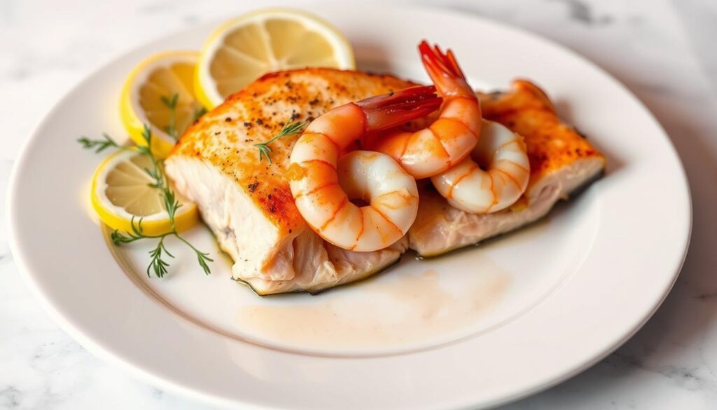 A succulent salmon fillet stuffed with plump, juicy shrimp, resting on a pristine white plate. The salmon's exterior is lightly seared, revealing a golden-brown crust that contrasts with the vibrant pink flesh. Delicate herbs and lemon slices adorn the plate, adding a fresh, aromatic touch. Soft, diffused lighting casts a warm glow, highlighting the dish's textures and colors. The composition is balanced, with the salmon taking center stage, surrounded by thoughtfully arranged elements that create a visually appealing and appetizing scene. A succulent salmon fillet stuffed with plump, juicy shrimp, resting on a pristine white plate. The salmon's exterior is lightly seared, revealing a golden-brown crust that contrasts with the vibrant pink flesh. Delicate herbs and lemon slices adorn the plate, adding a fresh, aromatic touch. Soft, diffused lighting casts a warm glow, highlighting the dish's textures and colors. The composition is balanced, with the salmon taking center stage, surrounded by thoughtfully arranged elements that create a visually appealing and appetizing scene.