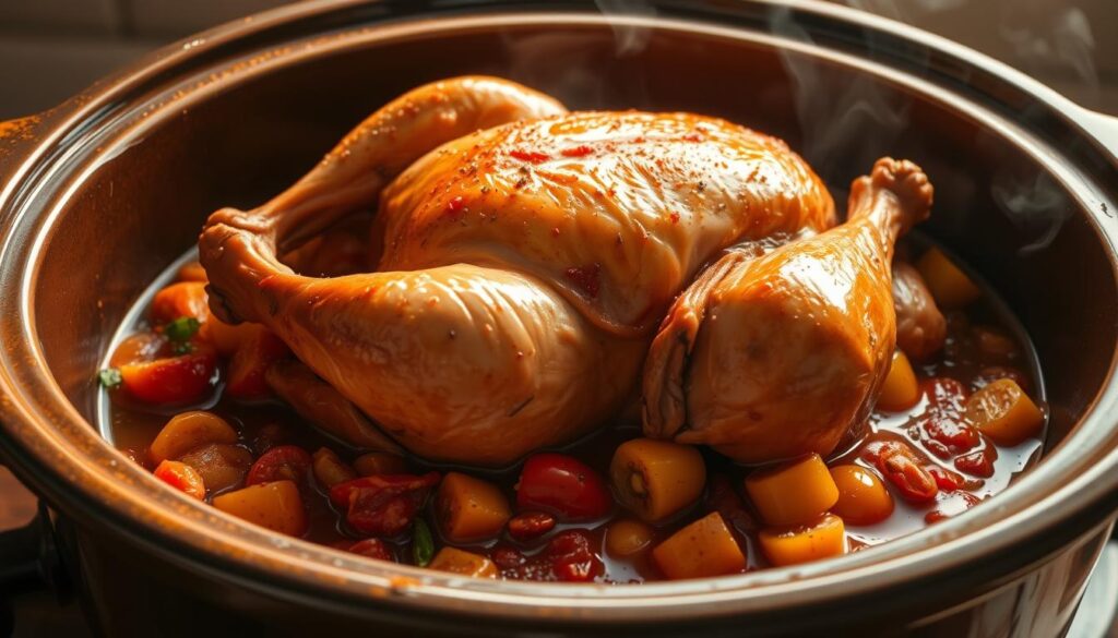 A succulent whole chicken nestled in a rustic ceramic crockpot, slowly simmering in a rich, tangy sauce of tomatoes, peppers, and fragrant herbs. The chicken's golden skin glistens under warm, diffused lighting, casting soft shadows across the chunky vegetables and thick, glossy sauce. The scene is framed by a simple, earthy background, evoking the homey, comforting atmosphere of a traditional Southern kitchen. Hints of steam rise from the crockpot, tempting the senses with the mouthwatering aroma of the "Crock Pot Mississippi Chicken" dish. A succulent whole chicken nestled in a rustic ceramic crockpot, slowly simmering in a rich, tangy sauce of tomatoes, peppers, and fragrant herbs. The chicken's golden skin glistens under warm, diffused lighting, casting soft shadows across the chunky vegetables and thick, glossy sauce. The scene is framed by a simple, earthy background, evoking the homey, comforting atmosphere of a traditional Southern kitchen. Hints of steam rise from the crockpot, tempting the senses with the mouthwatering aroma of the "Crock Pot Mississippi Chicken" dish.