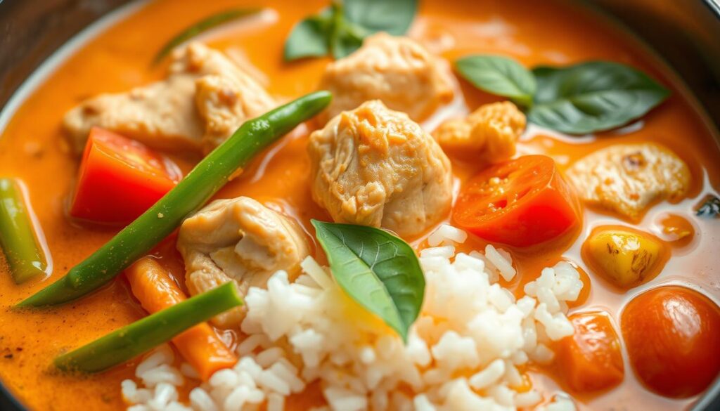A sumptuous Thai chicken coconut curry, simmered to perfection, its vibrant orange hue glistening in the soft, diffused light. Tender chicken pieces are nestled among fresh vegetables - crisp green beans, vibrant red bell peppers, and plump, juicy tomatoes. The fragrant aroma of lemongrass, ginger, and coconut milk permeates the air, creating a tantalizing atmosphere. Thick, creamy coconut milk provides a luxurious base, while kaffir lime leaves and Thai basil add a refreshing, aromatic touch. Served over fluffy white rice, this nourishing and flavorful dish is sure to delight the senses and leave you craving more of Thailand's iconic culinary delights.