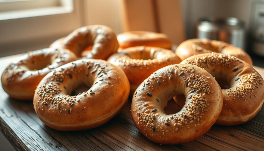A sumptuous arrangement of freshly baked low-carb bagels, crafted from a coconut flour-based "fat head" dough, resting on a rustic wooden surface. The bagels have a golden-brown exterior, with a soft, chewy interior, and are garnished with a sprinkling of sesame seeds. The scene is bathed in warm, natural lighting, creating a cozy and inviting atmosphere. The bagels are positioned in the foreground, with a blurred background hinting at a minimalist kitchen setting, emphasizing the focus on the delectable baked goods. The overall composition conveys a sense of health-conscious indulgence, perfect for illustrating the introduction to low-carb bagels. A sumptuous arrangement of freshly baked low-carb bagels, crafted from a coconut flour-based "fat head" dough, resting on a rustic wooden surface. The bagels have a golden-brown exterior, with a soft, chewy interior, and are garnished with a sprinkling of sesame seeds. The scene is bathed in warm, natural lighting, creating a cozy and inviting atmosphere. The bagels are positioned in the foreground, with a blurred background hinting at a minimalist kitchen setting, emphasizing the focus on the delectable baked goods. The overall composition conveys a sense of health-conscious indulgence, perfect for illustrating the introduction to low-carb bagels.