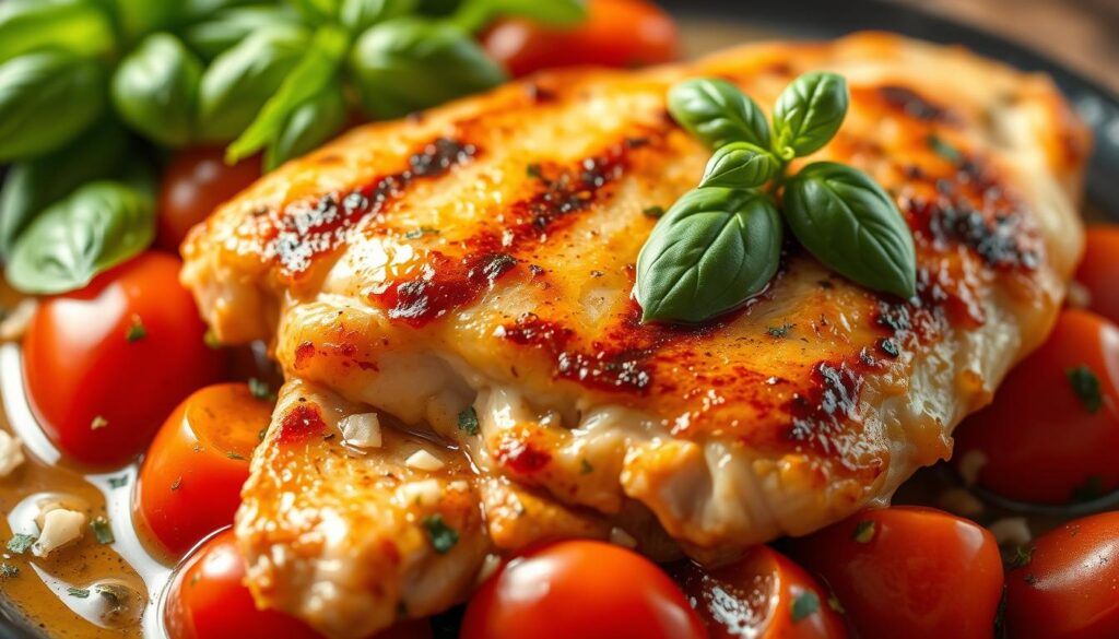 A sumptuous close-up of a perfectly seared chicken breast resting on a bed of fresh, ripe tomatoes. The chicken's golden-brown crust glistens under the soft, warm lighting, hinting at its juicy, tender interior. Surrounding the main dish, a vibrant green basil leaves and minced garlic create a fragrant, mouthwatering sauce that spills elegantly across the plate. The overall scene exudes a rustic, Mediterranean ambiance, captured with a wide-angle lens to emphasize the harmony of the components. The image's depth of field draws the viewer's focus to the captivating interplay of flavors and textures, perfectly encapsulating the essence of the "Tomato Chicken with Basil Garlic Sauce" dish. A sumptuous close-up of a perfectly seared chicken breast resting on a bed of fresh, ripe tomatoes. The chicken's golden-brown crust glistens under the soft, warm lighting, hinting at its juicy, tender interior. Surrounding the main dish, a vibrant green basil leaves and minced garlic create a fragrant, mouthwatering sauce that spills elegantly across the plate. The overall scene exudes a rustic, Mediterranean ambiance, captured with a wide-angle lens to emphasize the harmony of the components. The image's depth of field draws the viewer's focus to the captivating interplay of flavors and textures, perfectly encapsulating the essence of the "Tomato Chicken with Basil Garlic Sauce" dish.