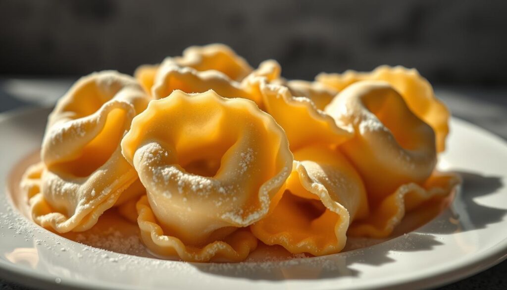 A sumptuous close-up of gleaming tortellini pasta, nestled on a crisp white plate. The plump pillows of dough are dusted with a fine coating of flour, casting a soft, matte finish. Dramatic lighting from the side creates dramatic shadows, emphasizing the voluptuous curves of the tortellini. The foreground is in sharp focus, drawing the viewer's attention to the intricate details of the pasta's crimped edges and subtle ridges. The background is softly blurred, a muted palette of grays and whites, allowing the tortellini to take center stage. An air of elegance and temptation permeates the scene, inviting the viewer to imagine the flavors and textures of this "marry me" dish.