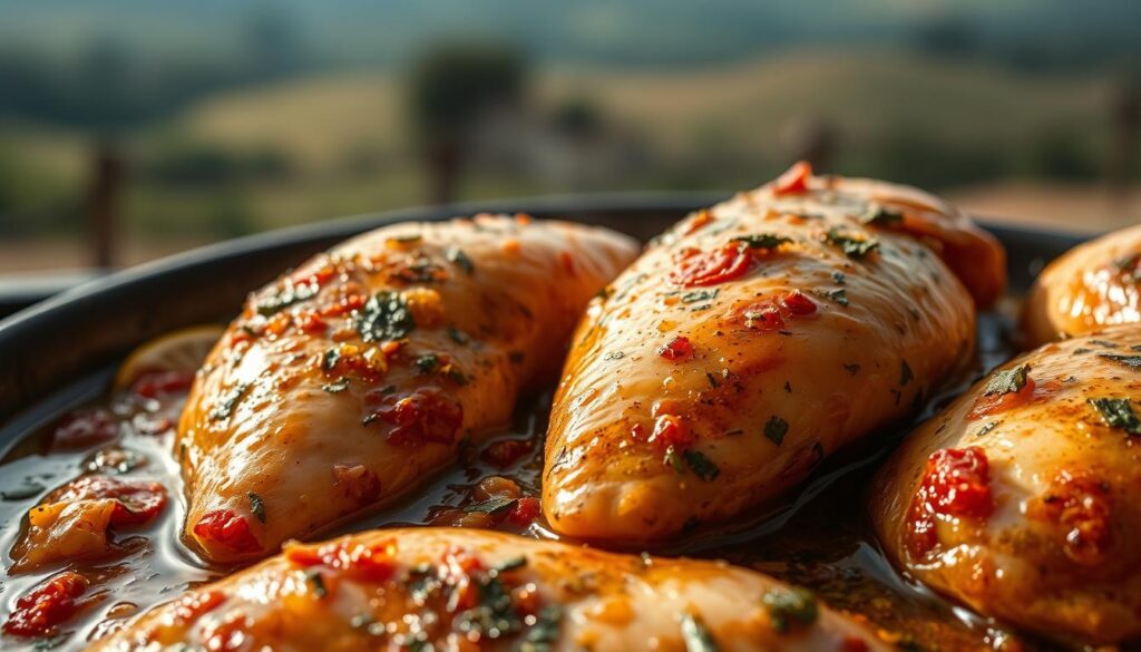 A sumptuous close-up view of juicy chicken breasts marinating in a rich, aromatic blend of spices, herbs, and citrus. The chicken is bathed in a glistening, golden-hued marinade, highlighting the benefits of this flavorful process. The scene is captured in soft, natural lighting, revealing the intricate textures and vibrant colors of the ingredients. In the background, a blurred, muted landscape suggests a rustic, countryside setting, evoking a sense of wholesome, homemade cooking. The overall atmosphere is one of anticipation and culinary promise, inviting the viewer to imagine the depth of flavors that will emerge from this marinated chicken. A sumptuous close-up view of juicy chicken breasts marinating in a rich, aromatic blend of spices, herbs, and citrus. The chicken is bathed in a glistening, golden-hued marinade, highlighting the benefits of this flavorful process. The scene is captured in soft, natural lighting, revealing the intricate textures and vibrant colors of the ingredients. In the background, a blurred, muted landscape suggests a rustic, countryside setting, evoking a sense of wholesome, homemade cooking. The overall atmosphere is one of anticipation and culinary promise, inviting the viewer to imagine the depth of flavors that will emerge from this marinated chicken.