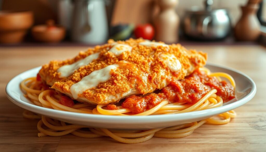 A sumptuous plate of chicken parmesan pasta, the golden breaded chicken cutlet nestled atop a bed of al dente spaghetti, blanketed in a rich, tomato-based sauce and melted mozzarella cheese. The chicken's crisp, golden crust glistens under warm, soft lighting, inviting the viewer to imagine the satisfying crunch and flavor. In the background, a simple, homey kitchen setting with earthy tones and subtle accents evokes a cozy, family-friendly atmosphere. The overall scene captures the comforting, hearty appeal of this classic Italian-American dish, a beloved staple that brings families together around the dinner table. A sumptuous plate of chicken parmesan pasta, the golden breaded chicken cutlet nestled atop a bed of al dente spaghetti, blanketed in a rich, tomato-based sauce and melted mozzarella cheese. The chicken's crisp, golden crust glistens under warm, soft lighting, inviting the viewer to imagine the satisfying crunch and flavor. In the background, a simple, homey kitchen setting with earthy tones and subtle accents evokes a cozy, family-friendly atmosphere. The overall scene captures the comforting, hearty appeal of this classic Italian-American dish, a beloved staple that brings families together around the dinner table.