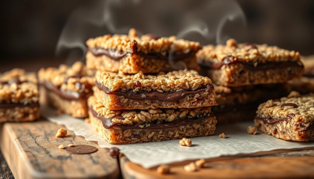 A sumptuous spread of homemade Nutella bars, with a golden-brown oatmeal cookie base and a generous layer of rich, creamy Nutella. The bars are arranged artfully on a rustic wooden surface, with a soft, diffused light illuminating their tempting texture. The scene exudes a cozy, inviting atmosphere, promising a delightful indulgence. Wispy wisps of steam rise from the freshly baked treats, adding to the enticing aroma. The composition features a close-up perspective, drawing the viewer's attention to the enticing details of the Nutella-filled bars. The overall image conveys a sense of warmth, comfort, and an irresistible temptation to savor these delectable Nutella treats. A sumptuous spread of homemade Nutella bars, with a golden-brown oatmeal cookie base and a generous layer of rich, creamy Nutella. The bars are arranged artfully on a rustic wooden surface, with a soft, diffused light illuminating their tempting texture. The scene exudes a cozy, inviting atmosphere, promising a delightful indulgence. Wispy wisps of steam rise from the freshly baked treats, adding to the enticing aroma. The composition features a close-up perspective, drawing the viewer's attention to the enticing details of the Nutella-filled bars. The overall image conveys a sense of warmth, comfort, and an irresistible temptation to savor these delectable Nutella treats.