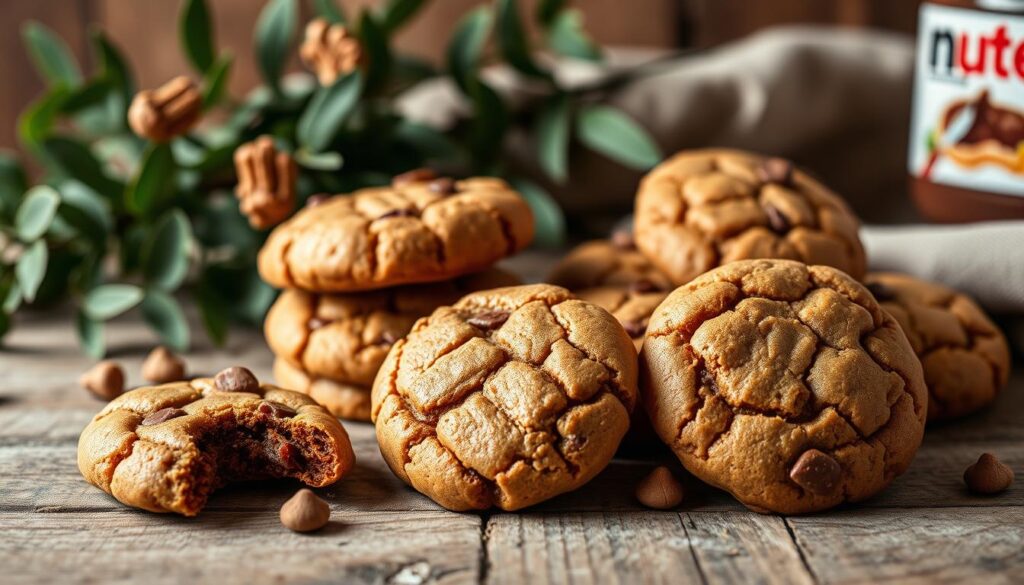 A sumptuous still life of delectable homemade Nutella peanut butter cookies, artfully arranged on a rustic wooden table. The cookies are golden-brown and glistening, their inviting texture and rich aroma captured in fine detail. Soft shadows and warm lighting create a cozy, welcoming atmosphere, hinting at the comforting flavors within. The cookies are framed by a background of natural elements, such as leafy plants or a simple linen cloth, emphasizing their homemade quality. The composition is balanced and visually appealing, showcasing the cookies as the star of the scene and inviting the viewer to imagine their delightful taste.
