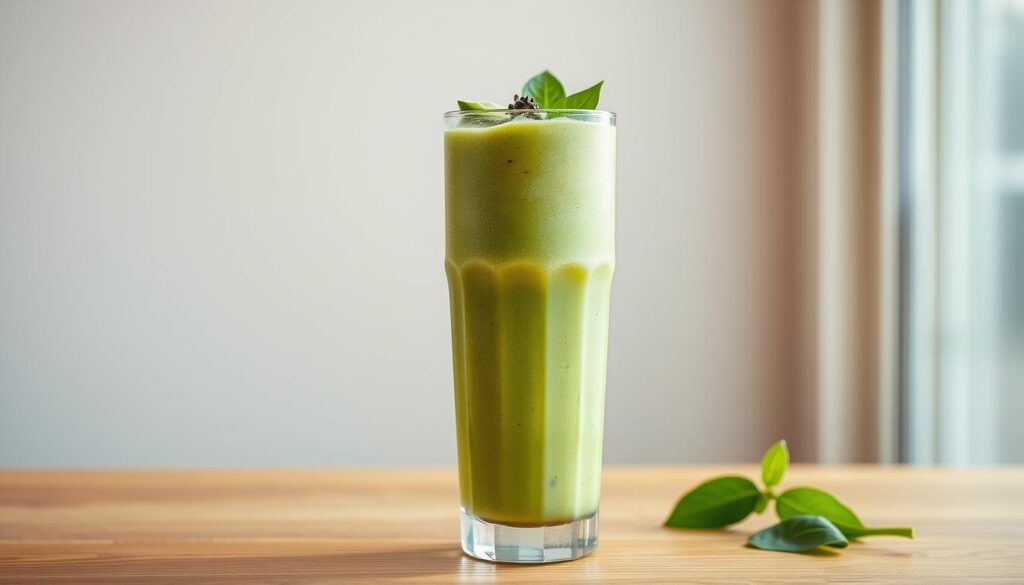 A tall, frosty glass filled with a vibrant green protein shake, topped with a swirl of creamy avocado and a sprinkle of fragrant spinach leaves. The shake's smooth, velvety texture is accentuated by the soft, natural lighting filtering through a large window, casting a warm, inviting glow. The glass sits atop a clean, minimalist wooden table, with a simple, elegant backdrop of muted colors complementing the healthful, nourishing essence of the drink. The composition is balanced, drawing the viewer's eye to the centerpiece - the protein-rich, nutrient-dense shake that promises to fuel the body and support an active, wellness-focused lifestyle. A tall, frosty glass filled with a vibrant green protein shake, topped with a swirl of creamy avocado and a sprinkle of fragrant spinach leaves. The shake's smooth, velvety texture is accentuated by the soft, natural lighting filtering through a large window, casting a warm, inviting glow. The glass sits atop a clean, minimalist wooden table, with a simple, elegant backdrop of muted colors complementing the healthful, nourishing essence of the drink. The composition is balanced, drawing the viewer's eye to the centerpiece - the protein-rich, nutrient-dense shake that promises to fuel the body and support an active, wellness-focused lifestyle.