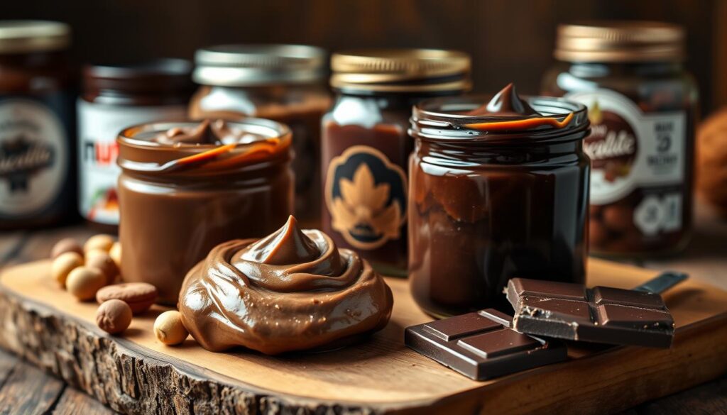 A tempting arrangement of homemade chocolate spreads, presented on a rustic wooden board. In the foreground, a rich, creamy hazelnut spread - the homemade Nutella of your dreams. Alongside, a decadent dark chocolate spread, its glossy surface reflecting the warm, soft lighting. In the background, jars of other gourmet chocolate variations, their labels hinting at tantalizing flavors. The scene is bathed in a cozy, inviting atmosphere, with subtle shadows and highlights accentuating the depth and texture of the spreads. A perfect symphony of artisanal indulgence, ready to be savored. A tempting arrangement of homemade chocolate spreads, presented on a rustic wooden board. In the foreground, a rich, creamy hazelnut spread - the homemade Nutella of your dreams. Alongside, a decadent dark chocolate spread, its glossy surface reflecting the warm, soft lighting. In the background, jars of other gourmet chocolate variations, their labels hinting at tantalizing flavors. The scene is bathed in a cozy, inviting atmosphere, with subtle shadows and highlights accentuating the depth and texture of the spreads. A perfect symphony of artisanal indulgence, ready to be savored.