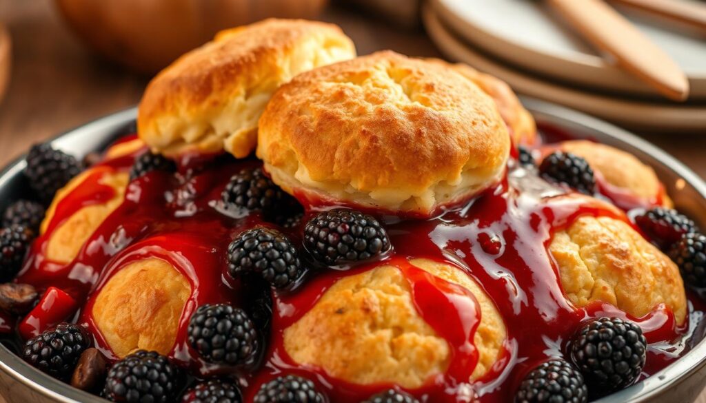 A tempting display of flaky, golden-brown Bisquick biscuits atop a bed of plump, juicy blackberries, bathed in a glistening, ruby-red glaze. The biscuits rise in a rustic, homemade fashion, their texture inviting and their aroma captivating. Warm lighting casts a soft, cozy glow, highlighting the rich colors and textures. The image is framed in a classic, country-style setting, with wooden surfaces and subtle, natural accents, conveying a sense of homemade comfort and nostalgia. The overall scene is both visually appealing and appetizing, perfectly capturing the essence of a delectable Bisquick blackberry cobbler. A tempting display of flaky, golden-brown Bisquick biscuits atop a bed of plump, juicy blackberries, bathed in a glistening, ruby-red glaze. The biscuits rise in a rustic, homemade fashion, their texture inviting and their aroma captivating. Warm lighting casts a soft, cozy glow, highlighting the rich colors and textures. The image is framed in a classic, country-style setting, with wooden surfaces and subtle, natural accents, conveying a sense of homemade comfort and nostalgia. The overall scene is both visually appealing and appetizing, perfectly capturing the essence of a delectable Bisquick blackberry cobbler.