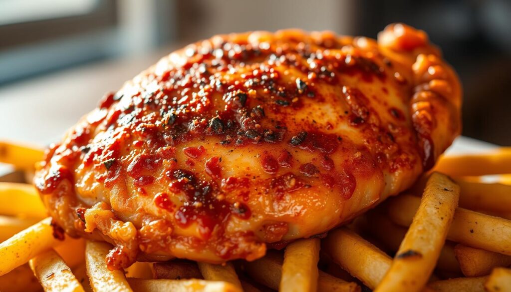 A tempting, golden-brown air-fried chicken breast, juicy and tender, resting atop a bed of crisp, seasoned fries. The chicken is infused with a zesty marinade, its skin glistening under warm, directional lighting, casting tantalizing shadows. The scene is captured from a low, three-quarter angle, emphasizing the succulent texture and enticing aroma. The background is blurred, allowing the air-fried chicken to be the focal point, showcasing the benefits of this efficient, healthier cooking method. An inviting, mouthwatering image that perfectly illustrates the advantages of air frying chicken.