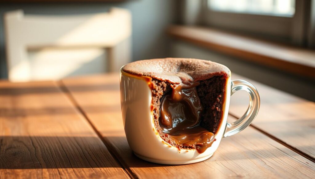 A tempting, homemade Nutella mug cake sits on a rustic wooden table, its rich, velvety texture and gooey chocolate center visible through the transparent ceramic mug. Soft, natural lighting from a window casts a warm, inviting glow, highlighting the cake's glossy, mouthwatering surface. The mug is positioned at a slight angle, allowing the viewer to appreciate its delicate form and the alluring swirls of Nutella peeking through. The background is blurred, keeping the focus solely on the decadent dessert. The overall scene exudes a cozy, comforting atmosphere, perfectly capturing the essence of this irresistible Nutella-infused treat. A tempting, homemade Nutella mug cake sits on a rustic wooden table, its rich, velvety texture and gooey chocolate center visible through the transparent ceramic mug. Soft, natural lighting from a window casts a warm, inviting glow, highlighting the cake's glossy, mouthwatering surface. The mug is positioned at a slight angle, allowing the viewer to appreciate its delicate form and the alluring swirls of Nutella peeking through. The background is blurred, keeping the focus solely on the decadent dessert. The overall scene exudes a cozy, comforting atmosphere, perfectly capturing the essence of this irresistible Nutella-infused treat.