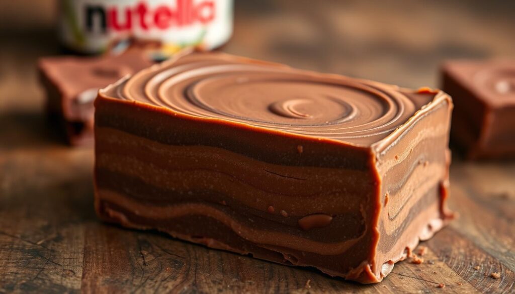 A tempting slab of rich, creamy Nutella fudge, freshly made and glistening on a rustic wooden surface. The smooth, chocolatey spread is layered with swirls of velvety texture, creating an irresistible visual feast. Soft lighting casts warm shadows, highlighting the fudge's luxurious sheen and inviting the viewer to reach out and savor its decadent flavor. The background is softly blurred, putting the luscious Nutella fudge in the spotlight, ready to be savored and enjoyed. A tempting slab of rich, creamy Nutella fudge, freshly made and glistening on a rustic wooden surface. The smooth, chocolatey spread is layered with swirls of velvety texture, creating an irresistible visual feast. Soft lighting casts warm shadows, highlighting the fudge's luxurious sheen and inviting the viewer to reach out and savor its decadent flavor. The background is softly blurred, putting the luscious Nutella fudge in the spotlight, ready to be savored and enjoyed.