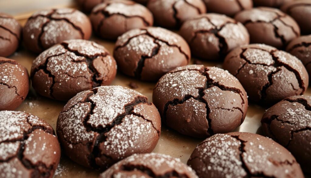 A tray of freshly baked brownie cookies, their dark chocolate surfaces glistening under warm, soft lighting. The cookies are slightly cracked on top, revealing a fudgy, chewy interior. Arranged in an inviting manner, the brownie cookies are dusted with a light coating of powdered sugar, creating a delightful contrast against the rich chocolate hue. Captured from a slightly elevated angle, the image showcases the alluring texture and irresistible appeal of this hybrid treat, enticing the viewer to enjoy the best of both worlds - the convenience of a cookie and the decadence of a brownie. A tray of freshly baked brownie cookies, their dark chocolate surfaces glistening under warm, soft lighting. The cookies are slightly cracked on top, revealing a fudgy, chewy interior. Arranged in an inviting manner, the brownie cookies are dusted with a light coating of powdered sugar, creating a delightful contrast against the rich chocolate hue. Captured from a slightly elevated angle, the image showcases the alluring texture and irresistible appeal of this hybrid treat, enticing the viewer to enjoy the best of both worlds - the convenience of a cookie and the decadence of a brownie.