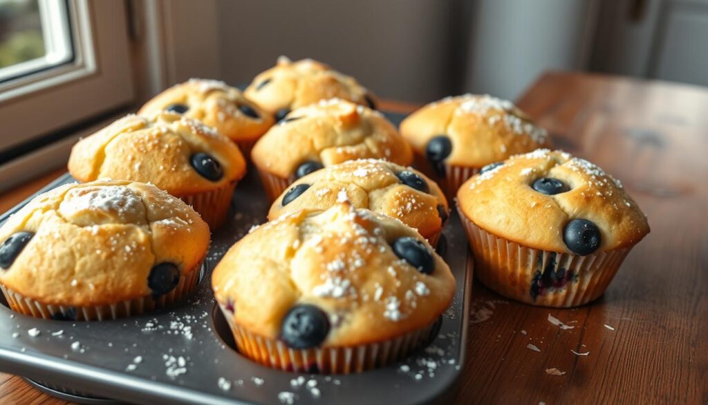 A tray of freshly baked coconut flour muffins sits on a rustic wooden table, their golden-brown tops lightly dusted with powdered sugar. The muffins are adorned with plump, juicy blueberries nestled within the soft, moist crumb. Soft, natural lighting filters in through a nearby window, casting a warm glow on the scene. The muffins are photographed from a slightly elevated angle, showcasing their appealing texture and inviting appearance. The background is blurred, keeping the focus on the delectable coconut flour muffins, which are the star of the image. A tray of freshly baked coconut flour muffins sits on a rustic wooden table, their golden-brown tops lightly dusted with powdered sugar. The muffins are adorned with plump, juicy blueberries nestled within the soft, moist crumb. Soft, natural lighting filters in through a nearby window, casting a warm glow on the scene. The muffins are photographed from a slightly elevated angle, showcasing their appealing texture and inviting appearance. The background is blurred, keeping the focus on the delectable coconut flour muffins, which are the star of the image.