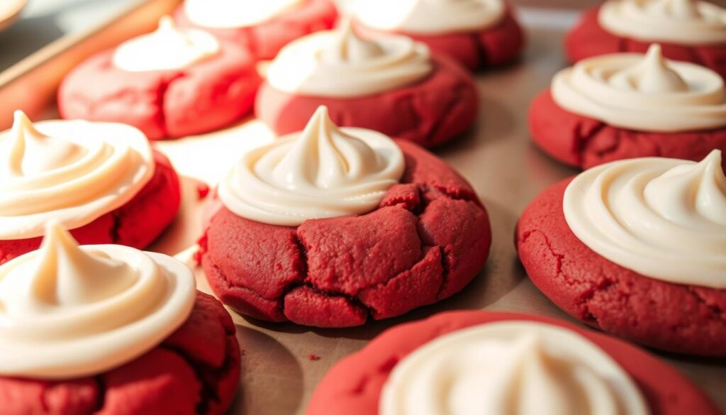 A tray of freshly baked frosted red velvet cookies, each one a decadent treat. The cookies have a deep, rich red hue, contrasted by a velvety smooth texture and a light, fluffy crumb. A generous layer of cream cheese frosting tops each cookie, adding a creamy sweetness that complements the cocoa-infused dough. The frosting is artfully swirled, creating an inviting and visually appealing presentation. The cookies are shot in a warm, natural lighting setup, casting a soft, cozy glow and highlighting the detailed texture of the delicate treats. The background is a simple, clean surface, allowing the vibrant cookies to take center stage and showcase their unique and enticing appearance. A tray of freshly baked frosted red velvet cookies, each one a decadent treat. The cookies have a deep, rich red hue, contrasted by a velvety smooth texture and a light, fluffy crumb. A generous layer of cream cheese frosting tops each cookie, adding a creamy sweetness that complements the cocoa-infused dough. The frosting is artfully swirled, creating an inviting and visually appealing presentation. The cookies are shot in a warm, natural lighting setup, casting a soft, cozy glow and highlighting the detailed texture of the delicate treats. The background is a simple, clean surface, allowing the vibrant cookies to take center stage and showcase their unique and enticing appearance.