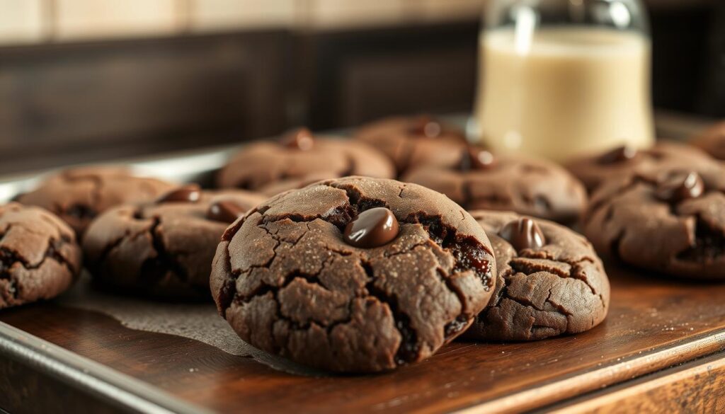 A tray of freshly baked, mouthwatering chocolate cookies sits on a rustic wooden table. The cookies are plump, with a slightly cracked surface and gooey, molten chocolate chips peeking through. A soft, warm glow emanates from the scene, casting a cozy, inviting atmosphere. The cookies are arranged in an organic, scattered pattern, suggesting a casual, homemade touch. The background is slightly blurred, keeping the focus on the delectable treats in the foreground. The overall scene evokes a sense of comforting indulgence and the simple pleasures of homemade baking. A tray of freshly baked, mouthwatering chocolate cookies sits on a rustic wooden table. The cookies are plump, with a slightly cracked surface and gooey, molten chocolate chips peeking through. A soft, warm glow emanates from the scene, casting a cozy, inviting atmosphere. The cookies are arranged in an organic, scattered pattern, suggesting a casual, homemade touch. The background is slightly blurred, keeping the focus on the delectable treats in the foreground. The overall scene evokes a sense of comforting indulgence and the simple pleasures of homemade baking.