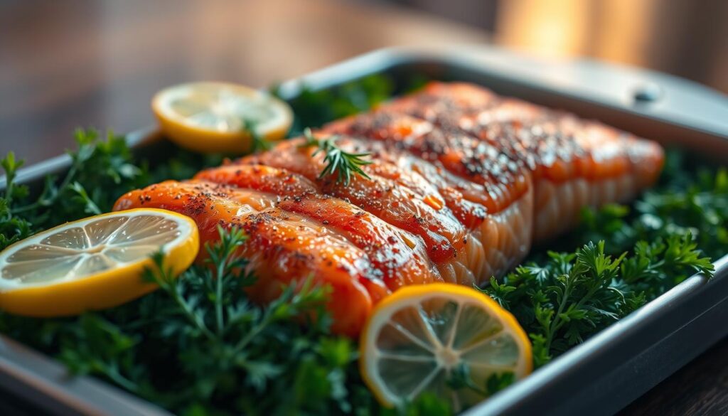 A tray of freshly smoked salmon fillet, glistening with a golden-brown crust, laid atop a bed of lush, verdant greens. In the foreground, vibrant slices of lemon and sprigs of dill accent the dish, emitting a tantalizing aroma. The background is softly blurred, allowing the salmon to take center stage, its rich, omega-3-packed flesh radiating health benefits. The scene is bathed in the warm, golden glow of natural lighting, creating a cozy, inviting atmosphere that beckons the viewer to savor the delicious and nourishing properties of this prized seafood. A tray of freshly smoked salmon fillet, glistening with a golden-brown crust, laid atop a bed of lush, verdant greens. In the foreground, vibrant slices of lemon and sprigs of dill accent the dish, emitting a tantalizing aroma. The background is softly blurred, allowing the salmon to take center stage, its rich, omega-3-packed flesh radiating health benefits. The scene is bathed in the warm, golden glow of natural lighting, creating a cozy, inviting atmosphere that beckons the viewer to savor the delicious and nourishing properties of this prized seafood.