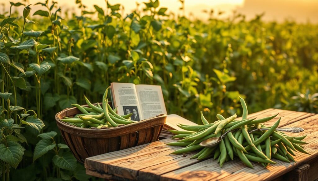A verdant expanse of lush, vibrant green bean plants unfurling their leaves, their delicate tendrils reaching skyward against a hazy, golden-hued backdrop. In the foreground, a weathered wooden basket overflows with freshly harvested green beans, their emerald hues contrasting with the warm, earthy tones of the vintage container. In the middle ground, a weathered, sun-dappled wooden table supports a scattering of historical artifacts - antique cookbooks, sepia-toned photographs, and a tarnished silver spoon - hinting at the rich culinary traditions and personal histories that have shaped the story of southern green beans over generations. Soft, diffused lighting casts a nostalgic, timeless aura over the scene, evoking a sense of the past and the enduring importance of this beloved southern delicacy. A verdant expanse of lush, vibrant green bean plants unfurling their leaves, their delicate tendrils reaching skyward against a hazy, golden-hued backdrop. In the foreground, a weathered wooden basket overflows with freshly harvested green beans, their emerald hues contrasting with the warm, earthy tones of the vintage container. In the middle ground, a weathered, sun-dappled wooden table supports a scattering of historical artifacts - antique cookbooks, sepia-toned photographs, and a tarnished silver spoon - hinting at the rich culinary traditions and personal histories that have shaped the story of southern green beans over generations. Soft, diffused lighting casts a nostalgic, timeless aura over the scene, evoking a sense of the past and the enduring importance of this beloved southern delicacy.