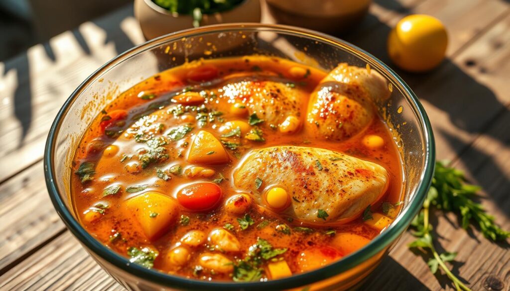 A vibrant Mediterranean chicken marinade glistening in the warm, golden light of a summer day. In the foreground, a mixing bowl overflows with a blend of aromatic herbs, sun-kissed citrus, and fragrant spices, the marinade's rich hues casting a captivating glow. In the middle ground, juicy chicken breasts rest, ready to soak up the flavorful mixture. The background features a rustic, sun-dappled wooden table, creating a sense of rustic charm and al fresco dining. Soft shadows and highlights sculpt the scene, conveying the inviting atmosphere of a Mediterranean-inspired meal.